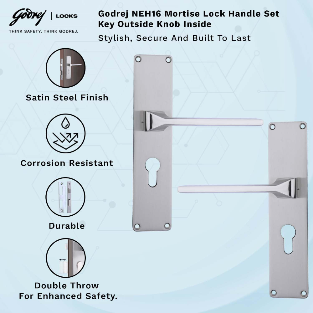 Godrej Mortise Door Lock Handle Set | 200mm NEH-16 1CK Europrofile | 5 Pin Brass Tumbler Mechanism 60mm | Suitable for Left & Right Handed Doors | Satin Steel Finish| Silver | 5 Years Warranty
